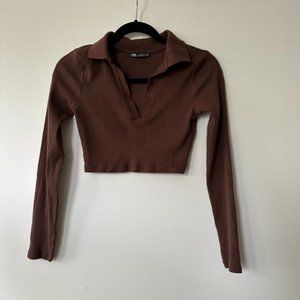 Zara Ribbed Dark Brown Collar Longsleeve Crop Polo